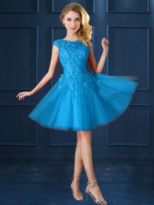 Exquisite Bateau Cap Sleeves Dama Dress Knee Length Lace and Belt Baby Blue Tulle