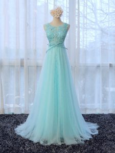Zipper Quinceanera Court of Honor Dress Apple Green for Prom and Party and Wedding Party with Lace and Bowknot Brush Train