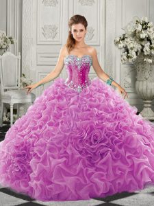 Glorious Lilac Organza Lace Up Sweet 16 Quinceanera Dress Sleeveless Court Train Beading and Ruffles