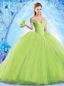 Modern Yellow Green Off The Shoulder Neckline Beading Quinceanera Gown Sleeveless Lace Up