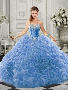 Sleeveless Organza Court Train Lace Up Quinceanera Dresses in Light Blue with Beading and Ruffles