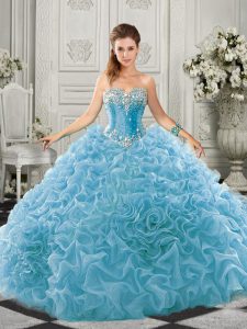 Most Popular Aqua Blue Ball Gowns Organza Sweetheart Sleeveless Beading and Ruffles Lace Up Sweet 16 Dresses Court Train