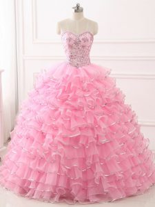 Baby Pink Quinceanera Gowns Military Ball and Sweet 16 and Quinceanera with Beading and Ruffled Layers Sweetheart Sleeveless Sweep Train Lace Up