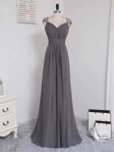 Enchanting Chiffon Straps Cap Sleeves Brush Train Zipper Lace and Ruching Dama Dress for Quinceanera in Grey