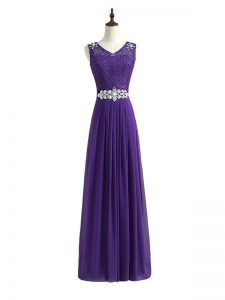 Floor Length Zipper Dama Dress Lavender for Prom and Party and Wedding Party with Beading and Lace