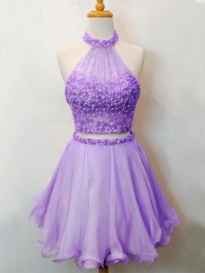 Most Popular Lavender Halter Top Lace Up Beading Quinceanera Dama Dress Sleeveless