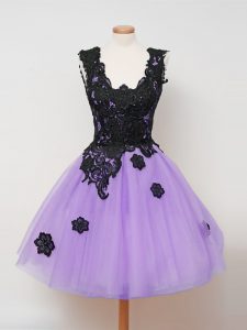 Discount Knee Length Zipper Quinceanera Court of Honor Dress Lilac for Prom and Party and Wedding Party with Appliques