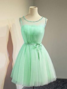 Apple Green Lace Up Quinceanera Court of Honor Dress Belt Sleeveless Knee Length