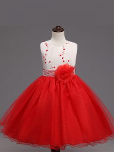Red Ball Gowns Appliques and Hand Made Flower Little Girls Pageant Gowns Zipper Organza Sleeveless Knee Length