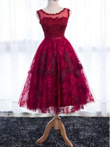 Perfect Fuchsia Sleeveless Tea Length Lace Zipper Dama Dress for Quinceanera