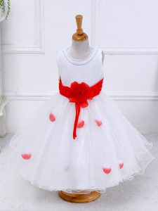 Fashion Hand Made Flower Kids Pageant Dress White Lace Up Sleeveless Tea Length