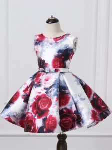 Nice Printed Scoop Sleeveless Zipper Pattern and Belt Pageant Gowns For Girls in Multi-color
