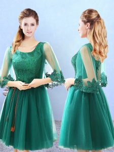 Exceptional Green A-line Scoop 3 4 Length Sleeve Tulle Knee Length Lace Up Lace and Appliques Dama Dress