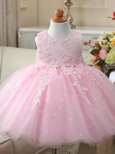 Beauteous Baby Pink Tulle Zipper Scoop Sleeveless Knee Length Little Girl Pageant Dress Appliques and Bowknot