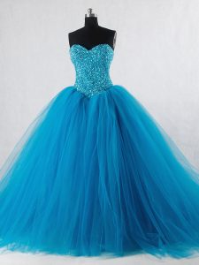 Deluxe Floor Length Lace Up Vestidos de Quinceanera Baby Blue for Sweet 16 and Quinceanera with Beading