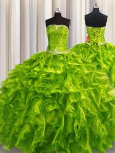 Elegant Olive Green Sleeveless Organza Lace Up Ball Gown Prom Dress for Military Ball and Sweet 16 and Quinceanera