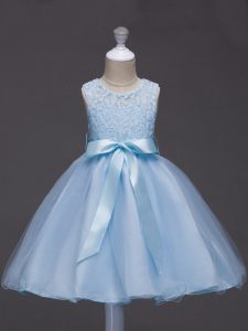 Trendy Light Blue Ball Gowns Lace and Belt Little Girls Pageant Dress Wholesale Zipper Tulle Sleeveless Knee Length