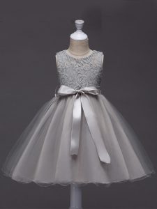 Grey Ball Gowns Scoop Sleeveless Tulle Knee Length Zipper Lace and Belt Pageant Gowns For Girls