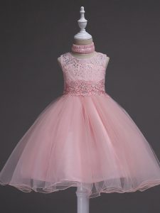 Baby Pink Organza Zipper Scoop Sleeveless Knee Length Little Girl Pageant Gowns Beading and Lace
