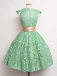 High Quality Green High-neck Neckline Belt Quinceanera Dama Dress Cap Sleeves Lace Up