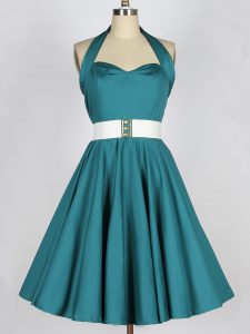 Beauteous Knee Length Teal Quinceanera Court Dresses Halter Top Sleeveless Lace Up