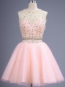 Scoop Sleeveless Lace Up Quinceanera Court of Honor Dress Peach Tulle