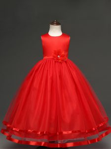 Floor Length Zipper Little Girls Pageant Dress Wholesale Red for Wedding Party with Hand Made Flower