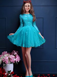 Best Selling A-line Damas Dress Aqua Blue Scalloped Chiffon 3 4 Length Sleeve Mini Length Lace Up