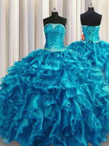 Strapless Sleeveless Organza Quinceanera Gowns Beading and Ruffles Lace Up