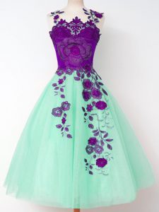 Apple Green A-line Appliques Quinceanera Court of Honor Dress Lace Up Tulle Sleeveless Knee Length