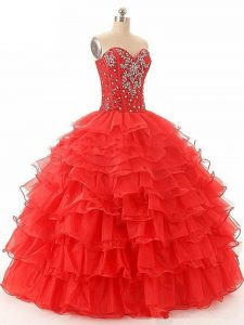 Red Lace Up Sweetheart Beading and Ruffled Layers Ball Gown Prom Dress Organza Sleeveless