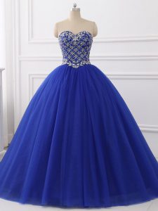 Sleeveless Floor Length Beading Lace Up Quinceanera Dress with Royal Blue