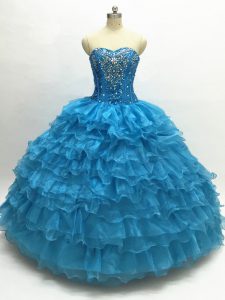 Exceptional Sleeveless Floor Length Beading and Ruffles Lace Up 15 Quinceanera Dress with Teal