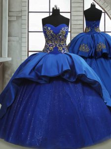 Royal Blue Satin and Tulle Lace Up Quinceanera Gown Sleeveless Sweep Train Beading and Appliques