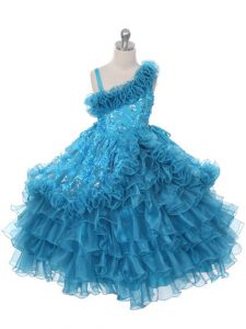 Custom Fit Teal Little Girl Pageant Gowns Wedding Party with Lace and Ruffles and Ruffled Layers Asymmetric Sleeveless Lace Up