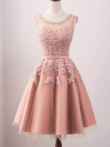 Fashionable Pink A-line Scoop Sleeveless Tulle Knee Length Lace Up Lace Vestidos de Damas