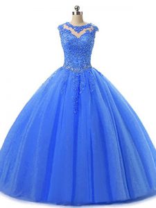 Blue Sleeveless Floor Length Beading and Lace Lace Up Sweet 16 Dresses