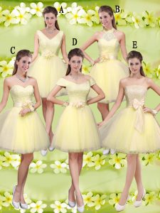 Beauteous Knee Length Light Yellow Dama Dress for Quinceanera Tulle Sleeveless Lace and Belt