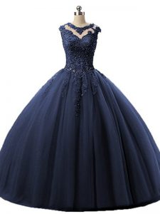 Navy Blue Tulle Lace Up Scoop Sleeveless Floor Length 15th Birthday Dress Beading and Lace