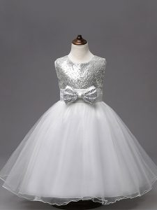 Tulle Scoop Sleeveless Zipper Sequins and Bowknot Pageant Gowns For Girls in White