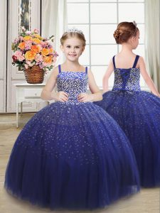 Trendy Floor Length Royal Blue Little Girl Pageant Gowns Straps Sleeveless Lace Up