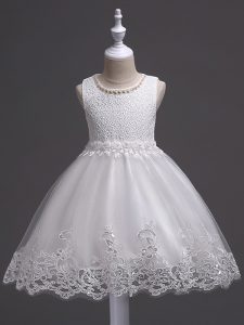 Scoop Sleeveless Pageant Gowns For Girls Knee Length Lace White Tulle