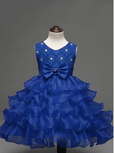 Royal Blue Little Girl Pageant Gowns Wedding Party with Lace and Ruffled Layers and Bowknot Scoop Sleeveless Zipper