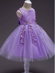 Scoop Sleeveless Kids Formal Wear Knee Length Lace and Belt Lavender Tulle