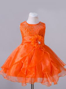Orange Red Sleeveless Knee Length Beading and Hand Made Flower Zipper Little Girl Pageant Dress