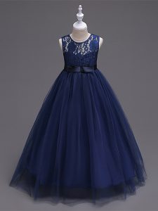 Navy Blue Sleeveless Lace Floor Length Little Girls Pageant Dress Wholesale