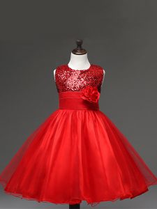 Red Tulle Zipper Girls Pageant Dresses Sleeveless Knee Length Sequins and Hand Made Flower