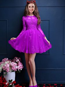Chiffon Scalloped 3 4 Length Sleeve Lace Up Beading and Lace and Appliques Quinceanera Court of Honor Dress in Eggplant Purple