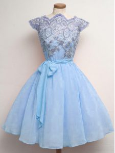 Chiffon Scalloped Cap Sleeves Lace Up Lace and Belt Vestidos de Damas in Blue