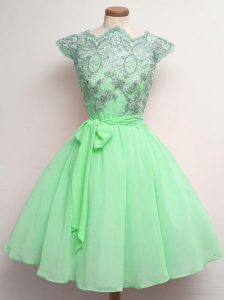 Captivating Apple Green A-line Lace and Belt Quinceanera Dama Dress Lace Up Chiffon Cap Sleeves Knee Length
